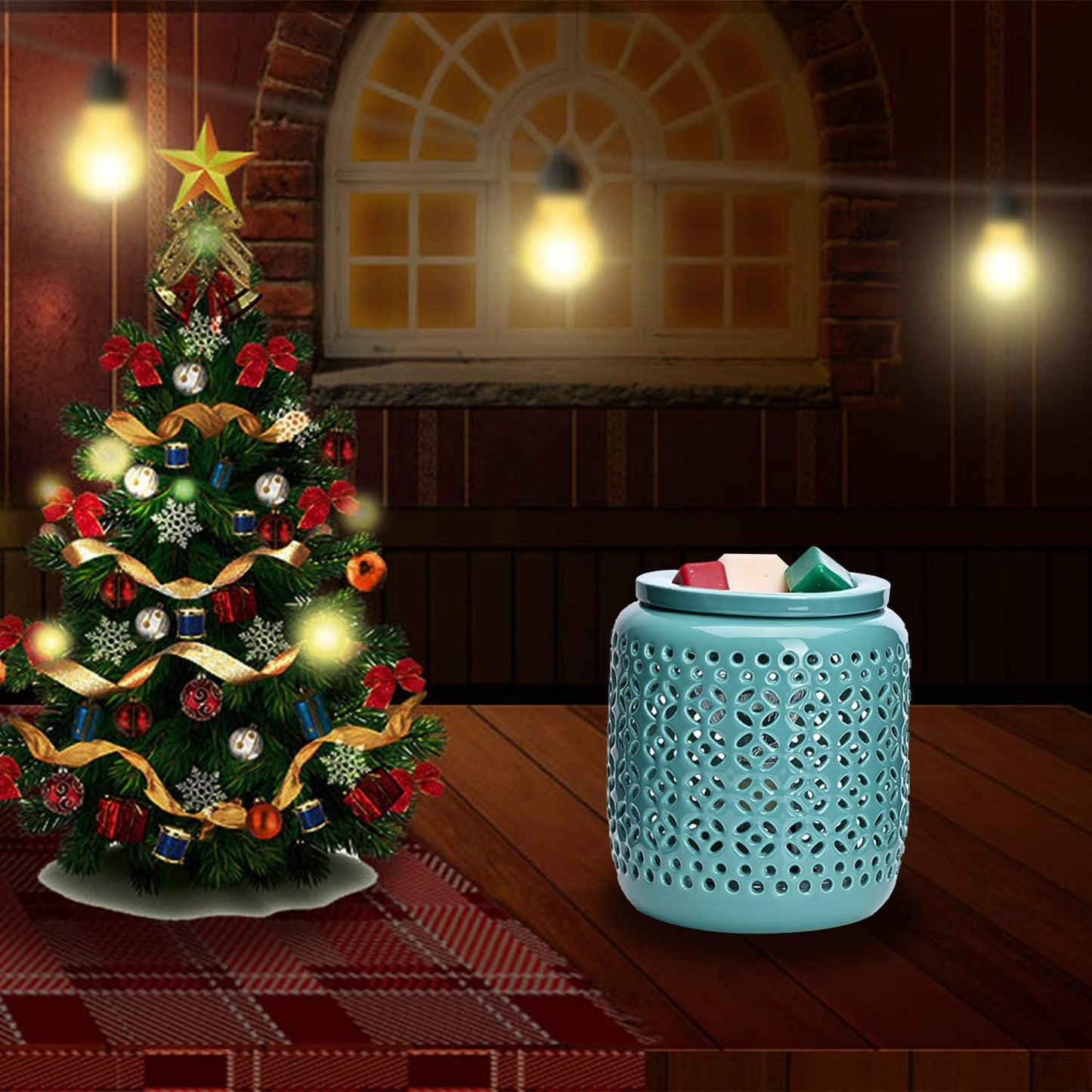 Ceramic Wax Melt Warmer with Timer,Candle Wax Warmer for Scented Wax & Essential Oils,Ideal Gift for Home Office Kitchen(Cyan Copper Coin Pattern)