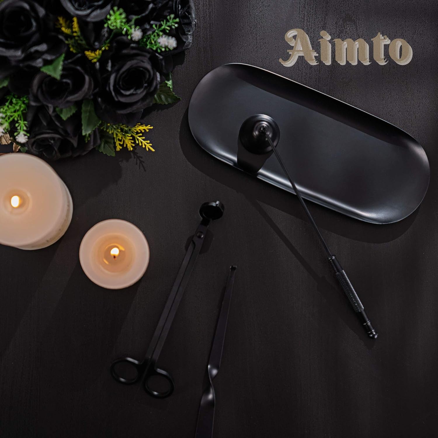 Candle Snuffer Accessory Set 4 in 1 - Candle Snuffer, Wick Trimmer, Wick Dipper and Plate Tray for Putting Out Extinguish Candle Wicks Flame Safely (Black)