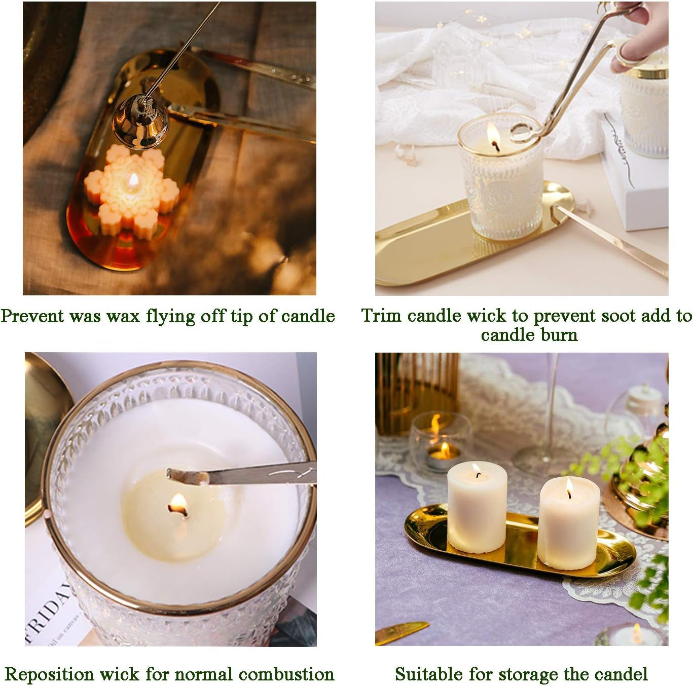 4 in 1 Candle Accessory Set, Candle Wick Trimmer Candle Cutter, Candle Snuffer, Candle Wick Dipper, Storage Tray Plate, for Candle Lover, Thanksgiving, Christmas(Gold)