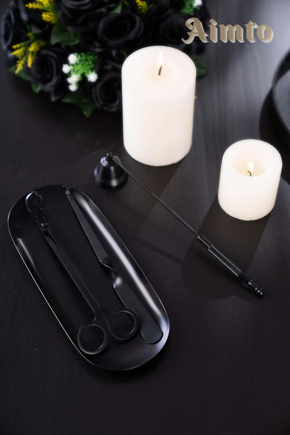 Candle Snuffer Accessory Set 4 in 1 - Candle Snuffer, Wick Trimmer, Wick Dipper and Plate Tray for Putting Out Extinguish Candle Wicks Flame Safely (Black)