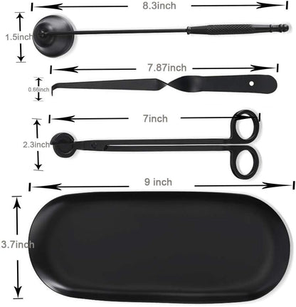 Candle Snuffer Accessory Set 4 in 1 - Candle Snuffer, Wick Trimmer, Wick Dipper and Plate Tray for Putting Out Extinguish Candle Wicks Flame Safely (Black)